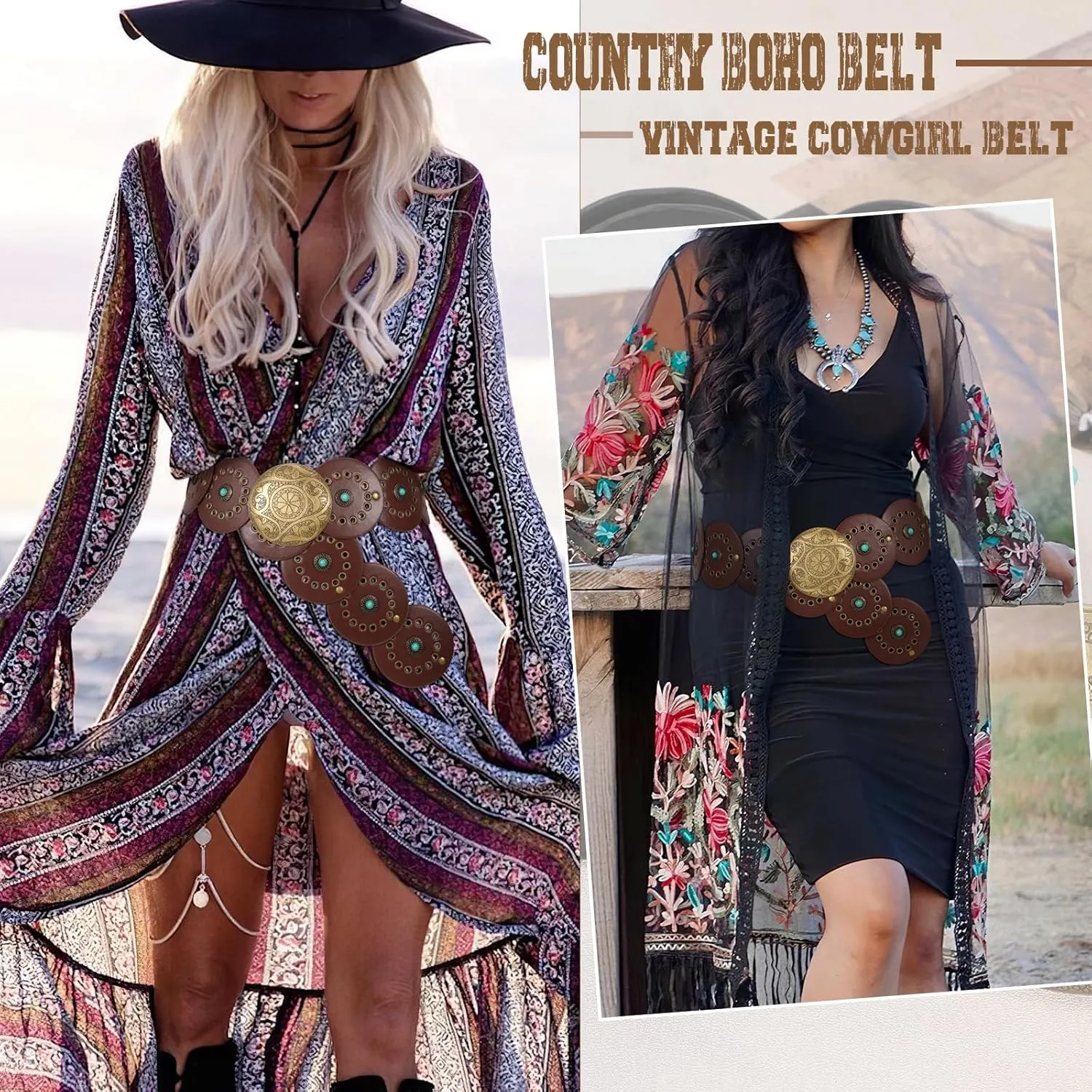 XZQTIVE Western PU Leather Belts for Woman Concho Cowgirl Cowboy Disc Belt for Ladies Wide Boho Country Waist Belts for Dress