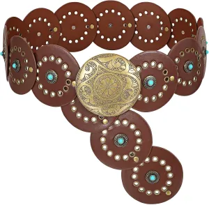 XZQTIVE Western PU Leather Belts for Woman Concho Cowgirl Cowboy Disc Belt for Ladies Wide Boho Country Waist Belts for Dress