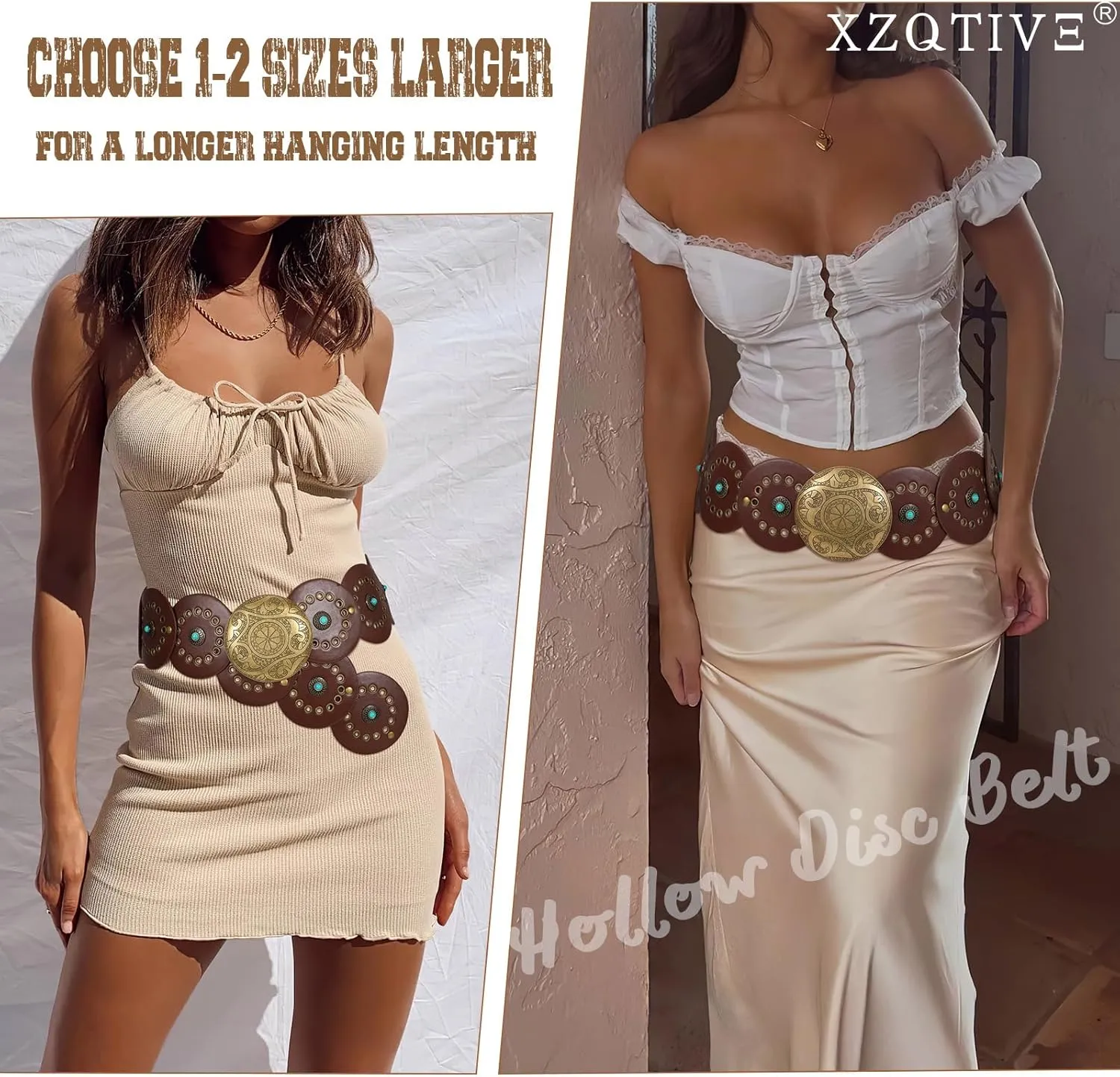 XZQTIVE Western PU Leather Belts for Woman Concho Cowgirl Cowboy Disc Belt for Ladies Wide Boho Country Waist Belts for Dress