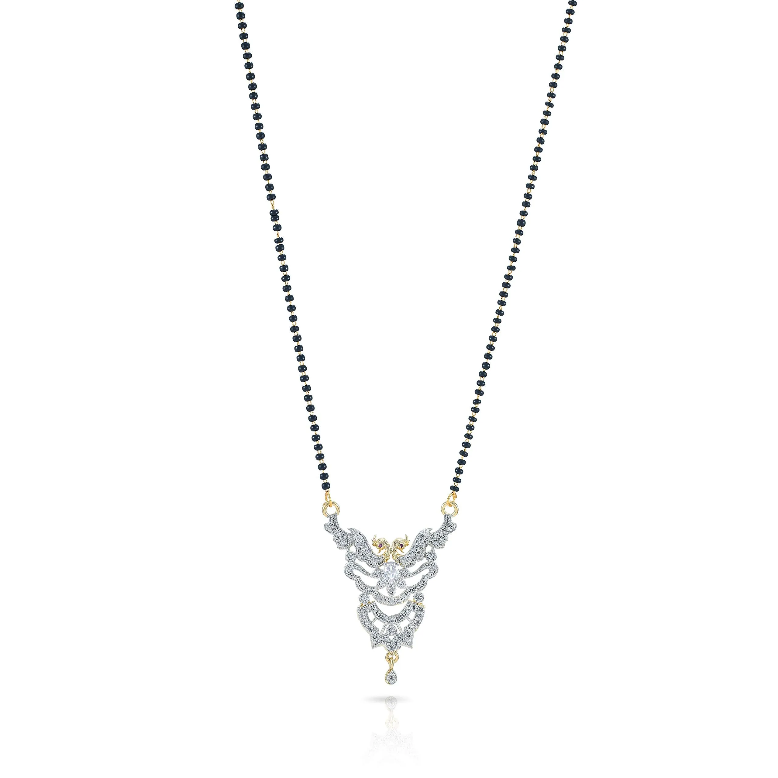 Yellow Chimes Sparkling AD/American Diamond Studded Ethnic Traditional Black Beads Designer Dual Peacock Mangalsutra Pendant Set with Earrings for Women