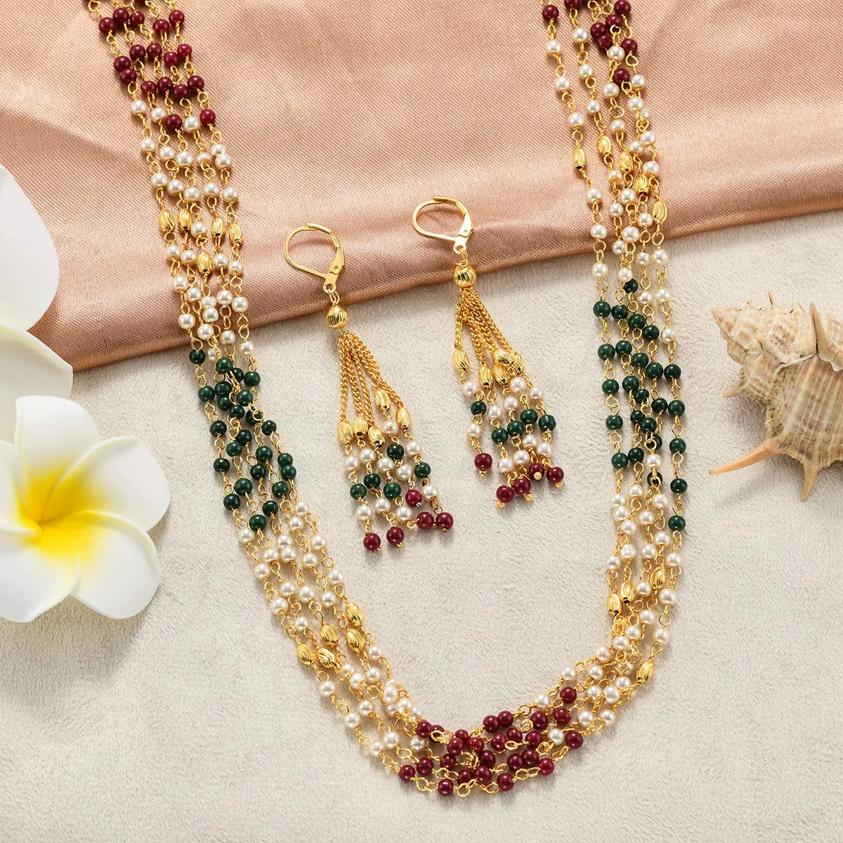 Yellow Chimes White Pearl Multi-Layer Gold Plated Traditional Long Chain Necklace Set with Earrings Jewellery Set for Women and Girls (Multi color)