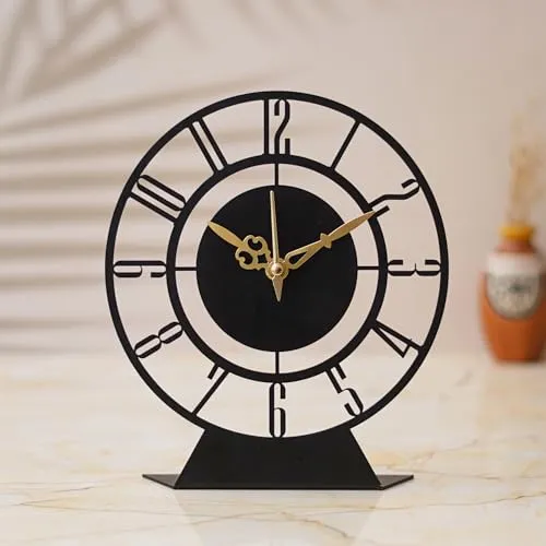 ZENTIMO STORE Designer Metal Analog Table Clock || Matte Black 18 cm Diameter