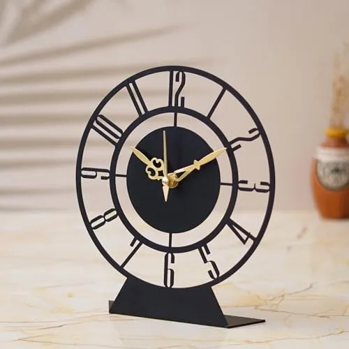 ZENTIMO STORE Designer Metal Analog Table Clock || Matte Black 18 cm Diameter